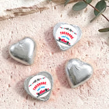 Foil-covered chocolate hearts, silver foil with white Theodore label