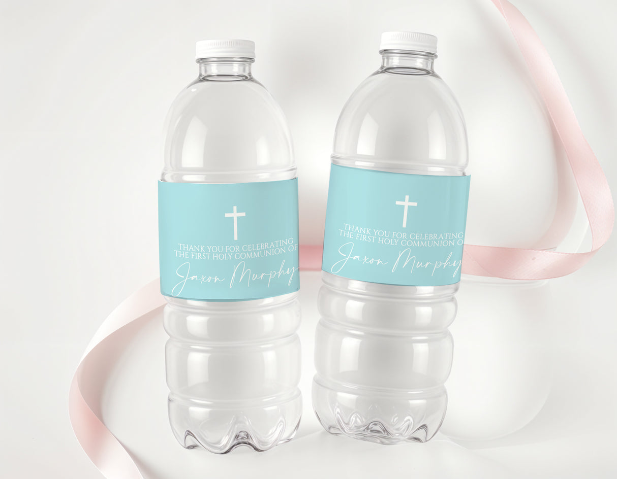Light blue communion water bottle labels with white cross