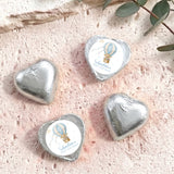 Silver foil-covered heart chocolates with hot air balloon label, personalised