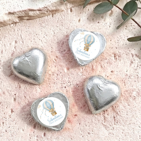 Silver foil-covered heart chocolates with hot air balloon label, personalised