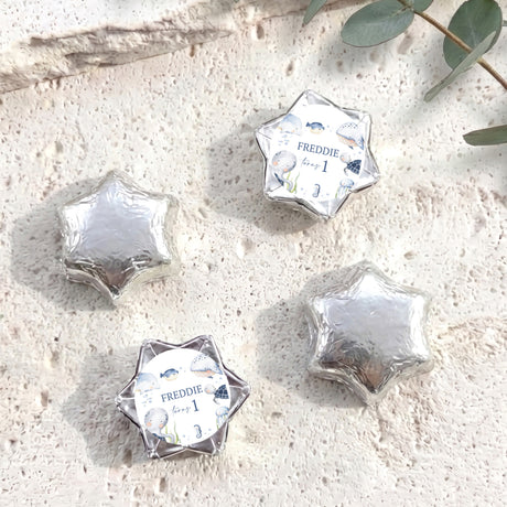 Silver foil-covered chocolate stars set, with Freddie personalised label