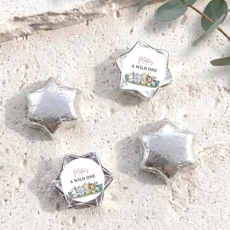 Silver foil star chocolates with “A WILD ONE” label