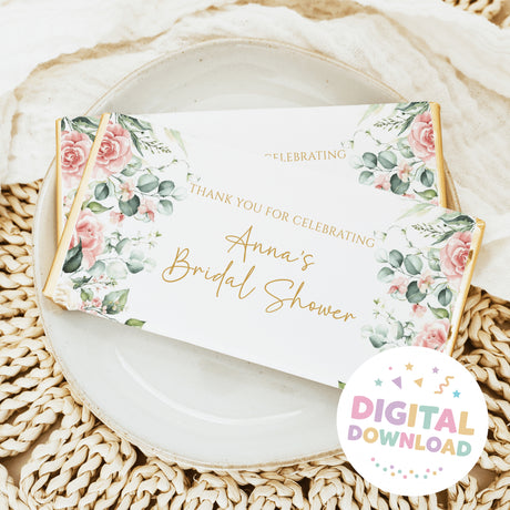 Printed chocolate bar wrapper with pink roses, green leaves, and thank-you bridal shower text