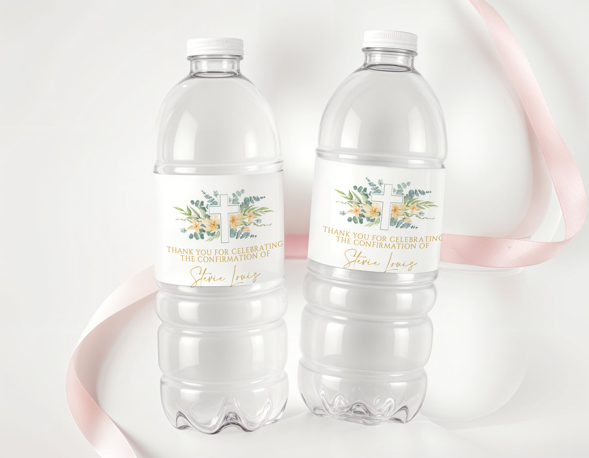 Personalised water bottle labels with eucalyptus leaves, cross, and thank-you text