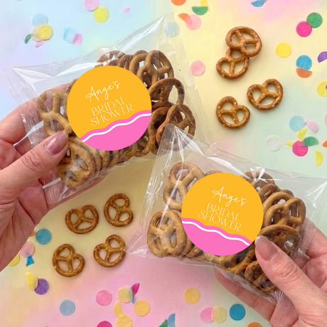 Personalised bridal shower pretzel gift bag in clear wrap with round pretzels