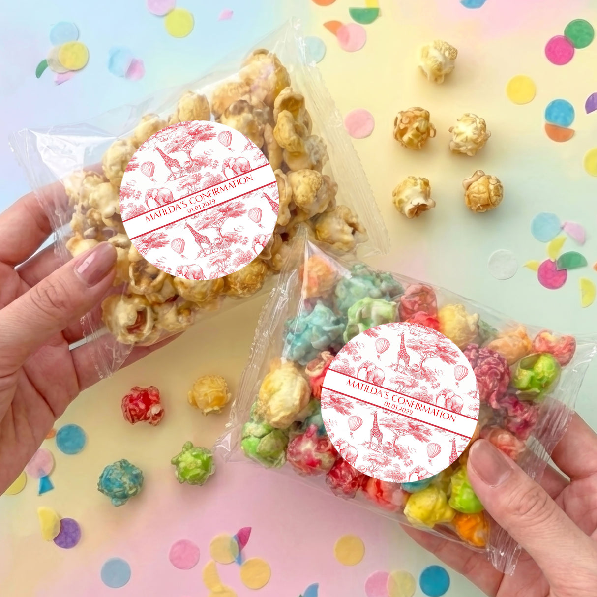 Red Safari Toile Confirmation Personalised Popcorn Bag