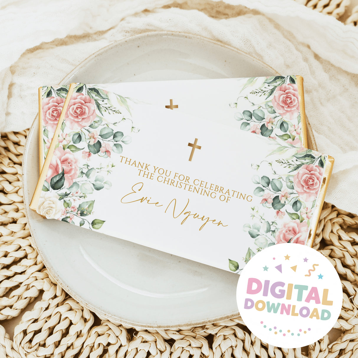 White chocolate bar wrapper with pink cream floral roses, green leaves, and gold crosses