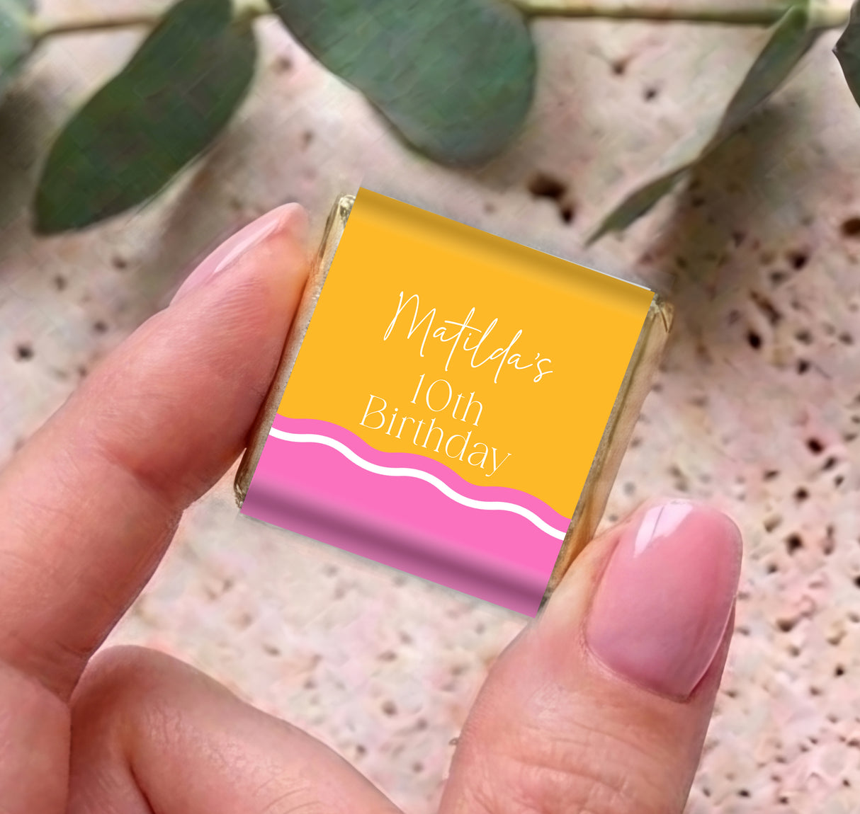 Personalised mini chocolate favor, pink/yellow wrapper with birthday message text