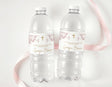 Personalised baptism water bottle labels on two clear bottles, mauve marble, gold cross.