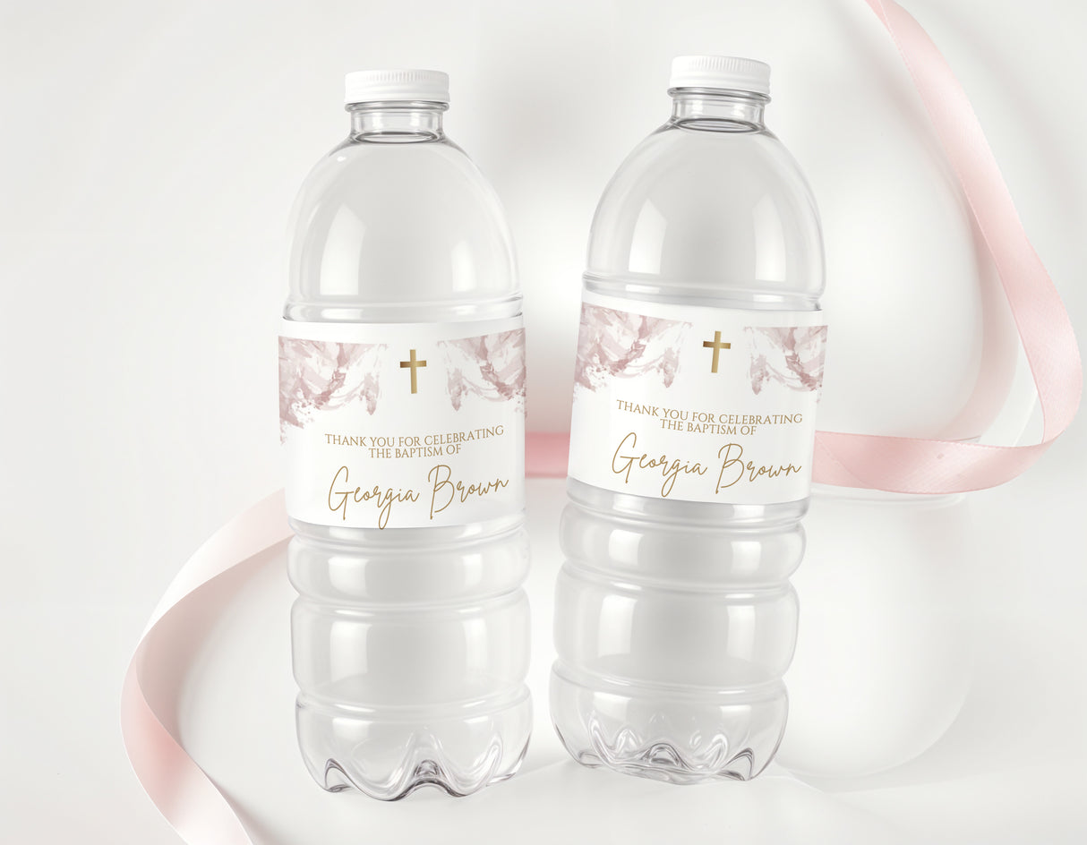 Personalised baptism water bottle labels on two clear bottles, mauve marble, gold cross.