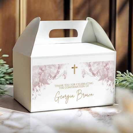 Personalised gable favour box with mauve marble print, cross and Georgia Brown name