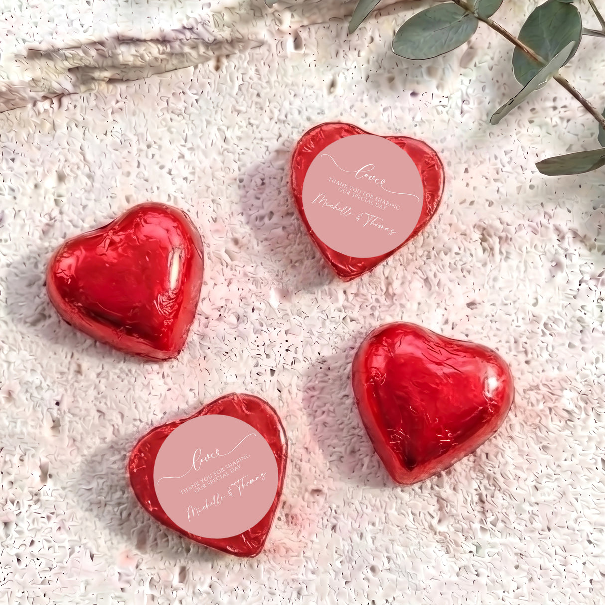 Personalised foil-covered chocolate hearts, red heart foil chocolates with personalized message labels