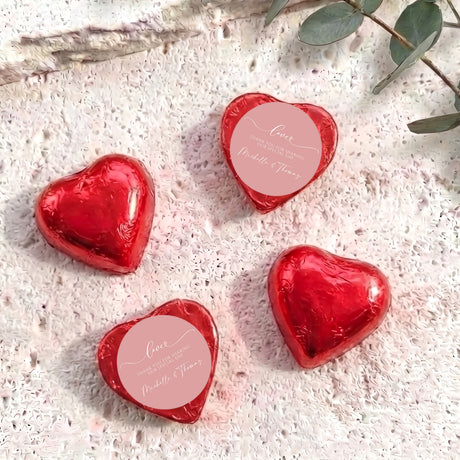 Personalised foil-covered chocolate hearts, red heart foil chocolates with personalized message labels