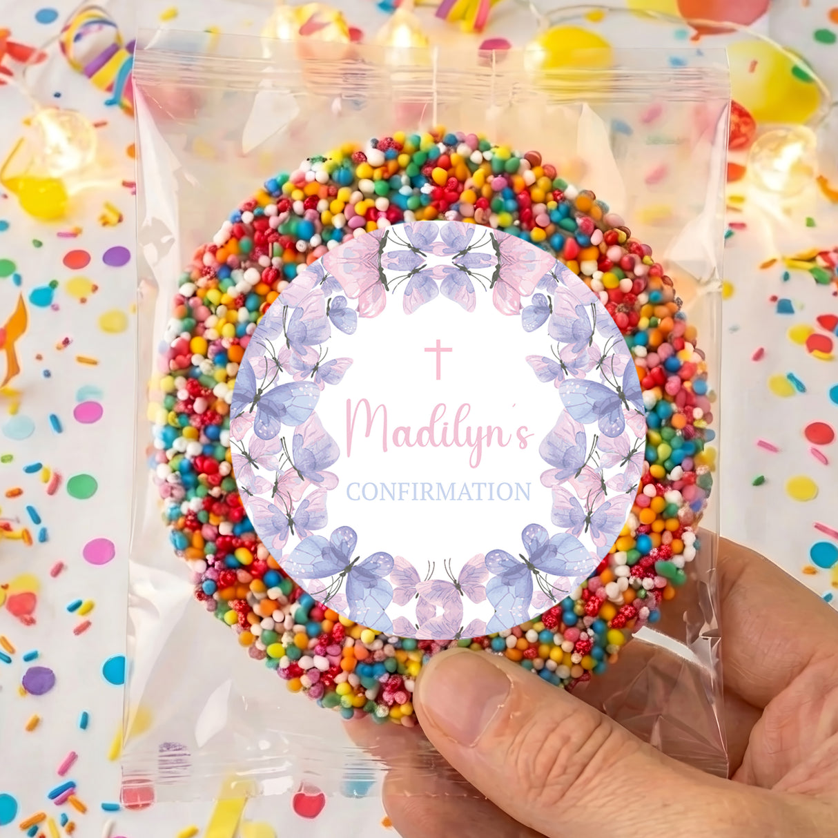 Confirmation giant freckles treat with multicolor sprinkle ring and purple floral card