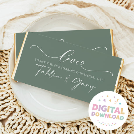 Sage green chocolate bar wrapper with “Love” and “Thank you” text; Digital Download badge.