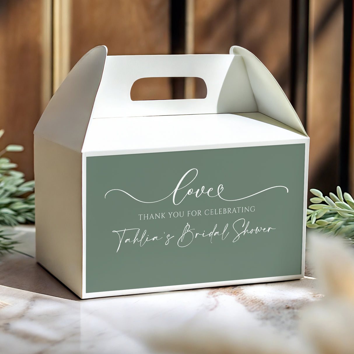 Sage and white gable favour box with handle cutout and 'Love' bridal shower thank-you text.