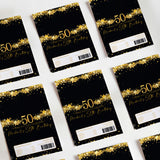 50th birthday chocolate wrappers, black with gold stars and gold “50” print