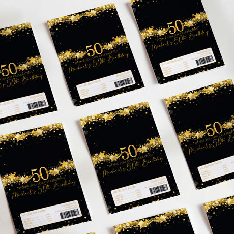 50th birthday chocolate wrappers, black with gold stars and gold “50” print