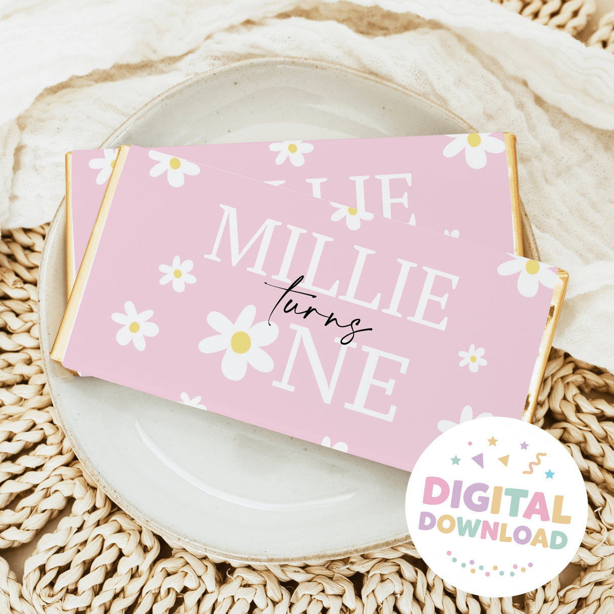 Pink daisy birthday chocolate bar wrapper with white floral pattern and birthday text