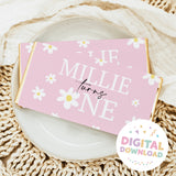 Pink daisy birthday chocolate bar wrapper with white floral pattern and birthday text