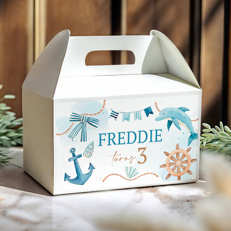 White nautical gable favour box with handle cutout and 'Freddie' for 3