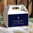 Navy christening favour gable box with white lid, cross, and thank-you personalisation