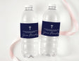 Navy christening bottle labels, cross with custom name on clear water bottles
