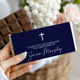 Navy christening thank-you chocolate bar wrapper with white cross and custom name