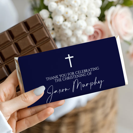 Navy christening thank-you chocolate bar wrapper with white cross and custom name