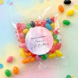 Personalised jelly bean bag with round sticker: Emma’s 21st Birthday, assorted colorful beans