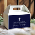 Navy and white First Holy Communion favour box with cross and personalised message