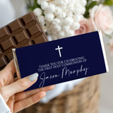 Navy and white first communion chocolate bar wrapper with cross and thank-you text
