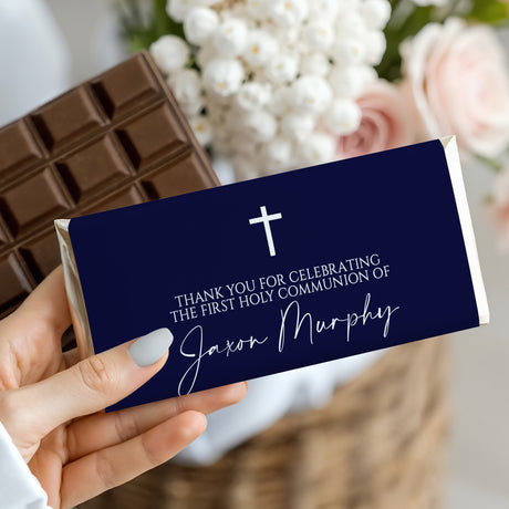 Navy and white first communion chocolate bar wrapper with cross and thank-you text