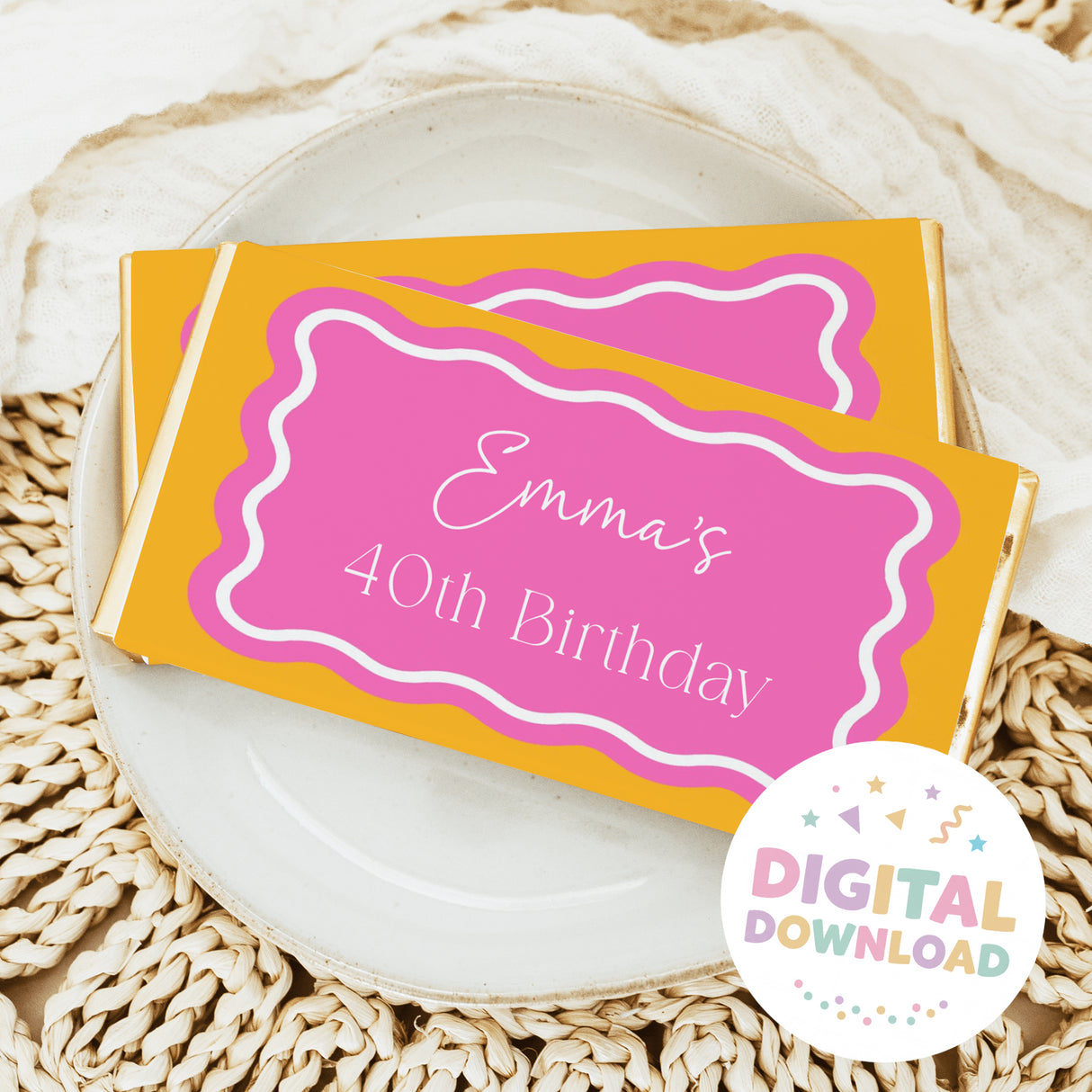 Birthday chocolate bar wrapper with pink waves and Emma's 40th Birthday text
