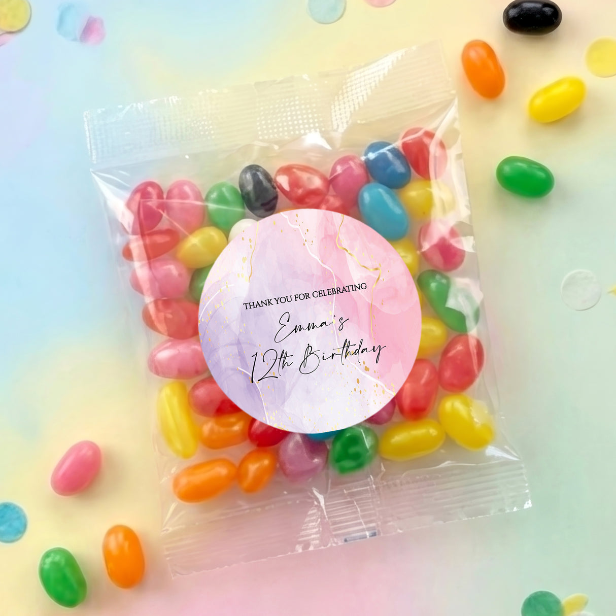 Personalised kids birthday jelly bean bag with pink round label and colorful jelly beans