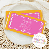 Bridal shower chocolate bar wrapper with pink wavy frame, 'Ange's Bridal Shower' text