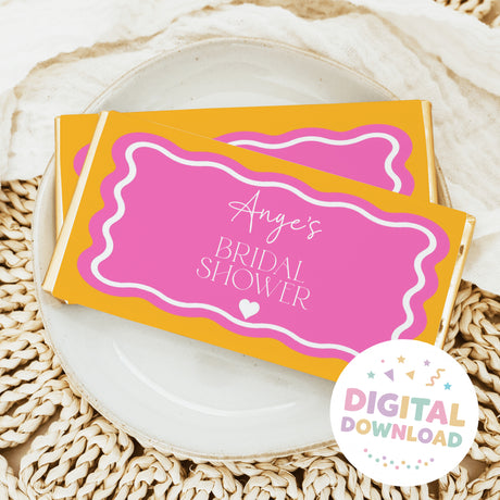 Bridal shower chocolate bar wrapper with pink wavy frame, 'Ange's Bridal Shower' text