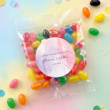 Personalised jelly bean bag with multicolor candies and round thank-you label