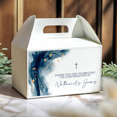 Personalised confirmation gable favour box, white with blue watercolor panel and gold speckles