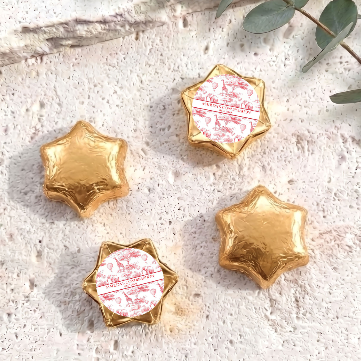 Red Safari Toile Confirmation Personalised Foil Covered Chocolate Stars