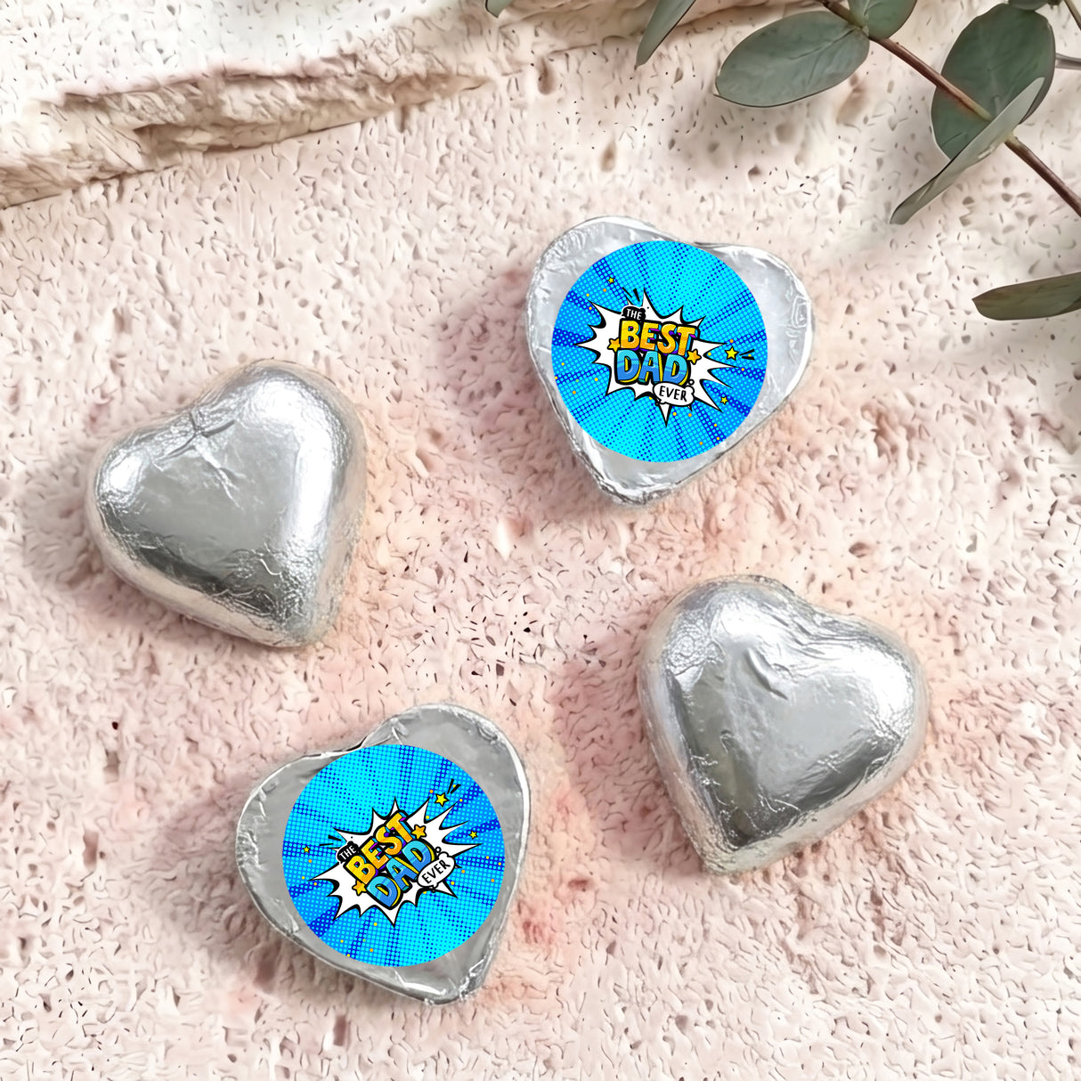 Best Dad Ever Fathers Day Blue Comic Personalised Foil Covered Chocolate Hearts