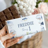 Ocean-themed chocolate bar wrapper with 'FREDDIE turns 1' text and sea creature prints