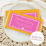 Personalized chocolate bar wrapper set, pink heart design with gold-yellow border