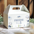 Personalised ocean animal gable favour box, white, with “FREDDIE turns 3”.
