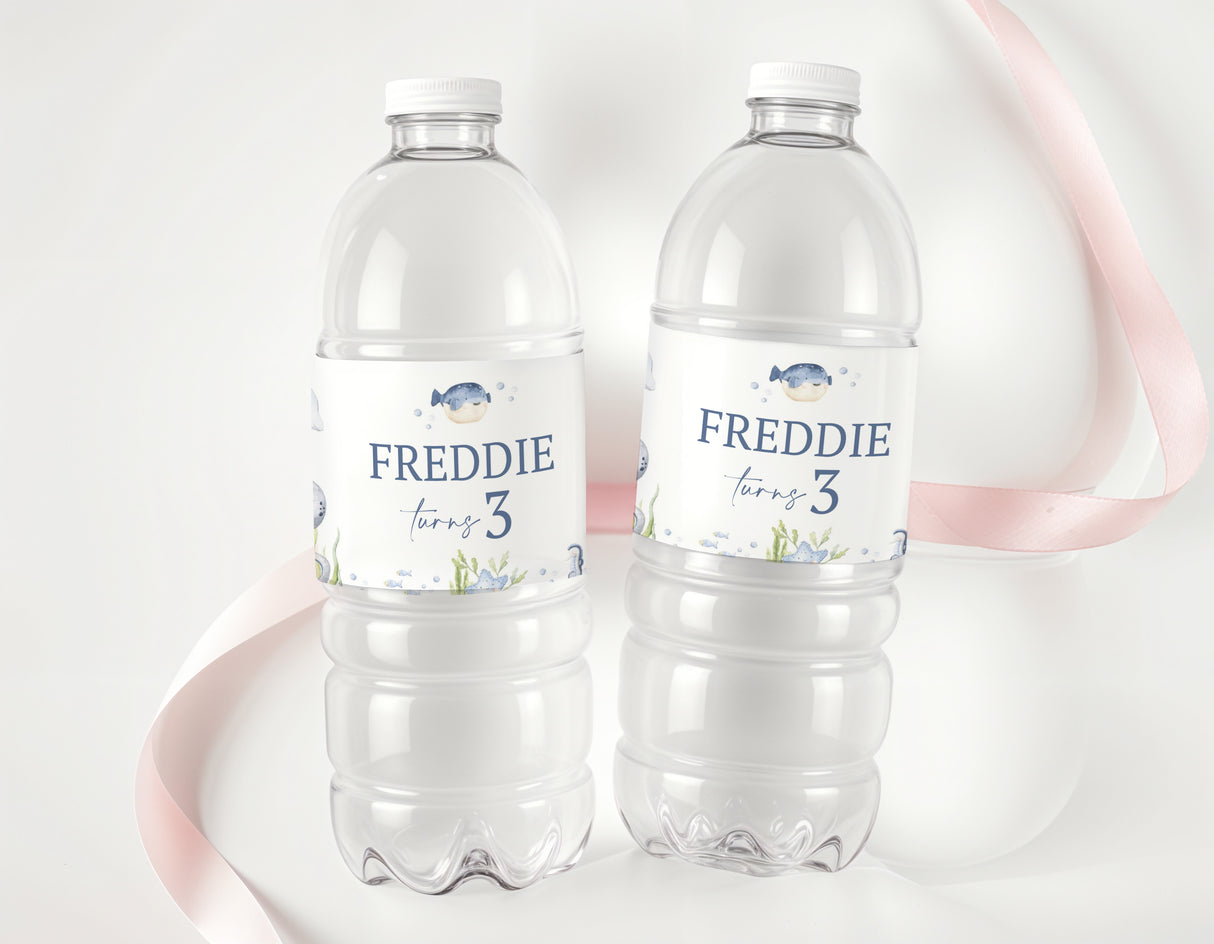 Ocean animal water bottle labels: Freddie, turns 3, on two bottles