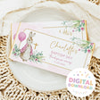 Baptism chocolate bars with pink rabbit, floral frame, name and date text; digital download badge
