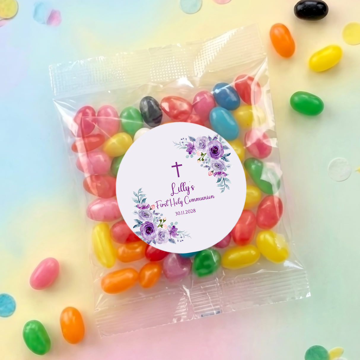 Personalised jelly bean bag with purple floral circle label, cross icon, clear wrapper