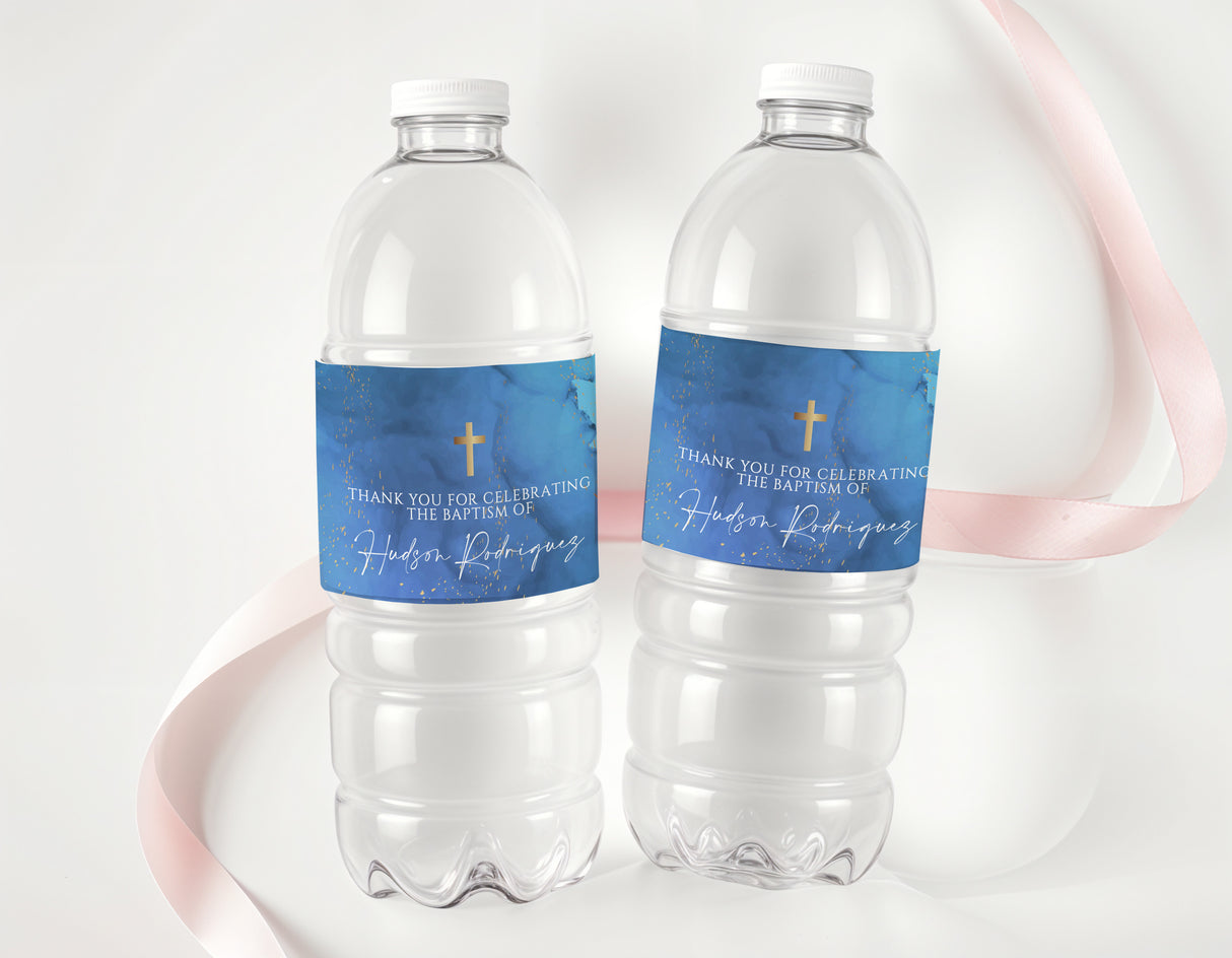 Two clear water bottles with ocean-blue baptism labels, gold cross, and thank-you text