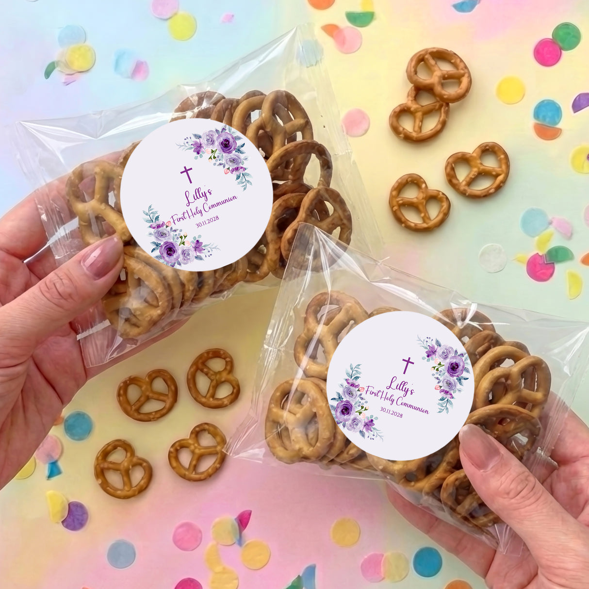 Personalised pretzel bag with clear wrap and round floral Communion label
