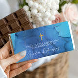 Turquoise blue confirmation chocolate bar wrapper with gold cross and celebratory text